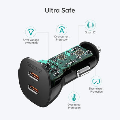 CHOETECH TC0008-BK Dual USB-C 36W Car Charger Adapter Black.