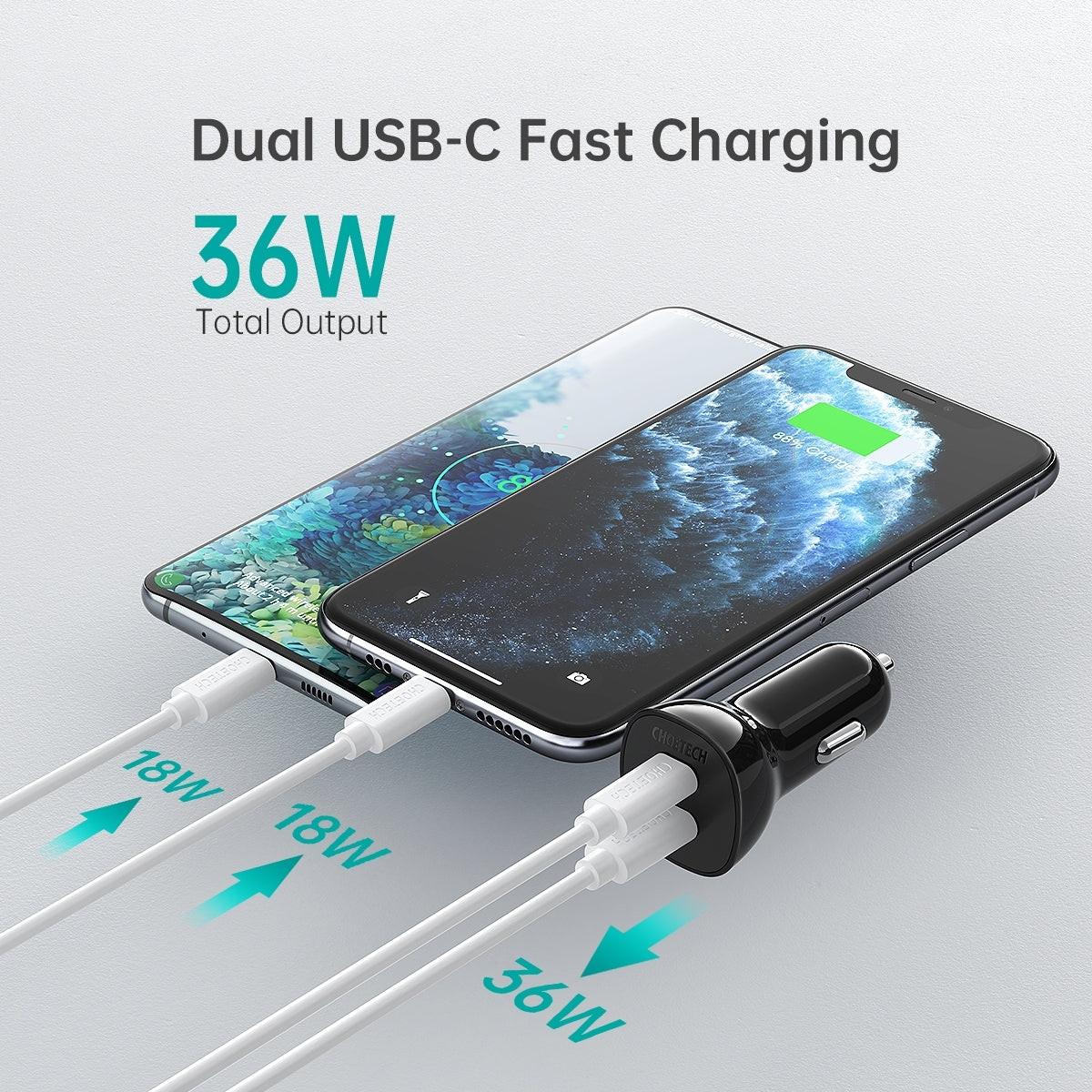 CHOETECH TC0008-BK Dual USB-C 36W Car Charger Adapter Black.