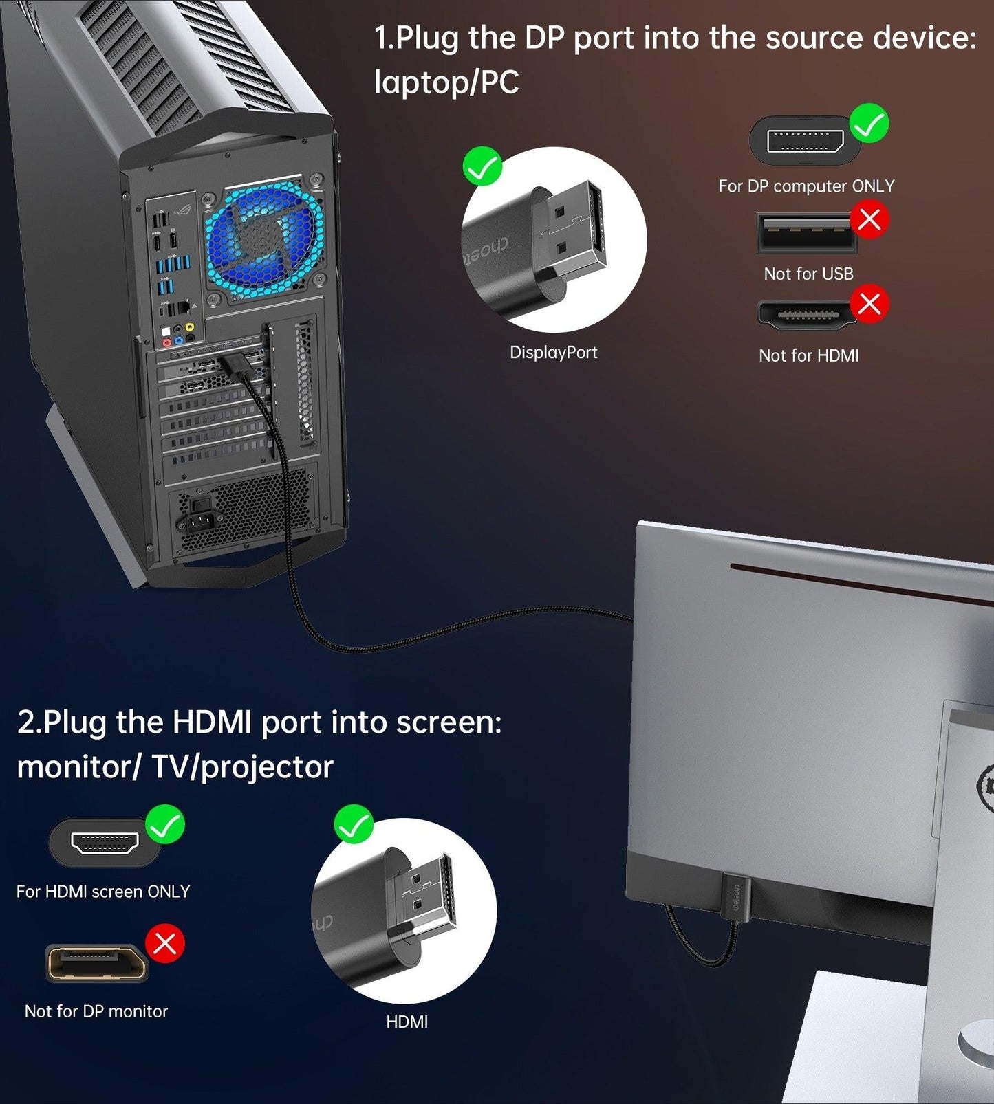 CHOETECH XDH01 4K 60Hz DisplayPort Male to HDMI Male Braided Cable 2M.
