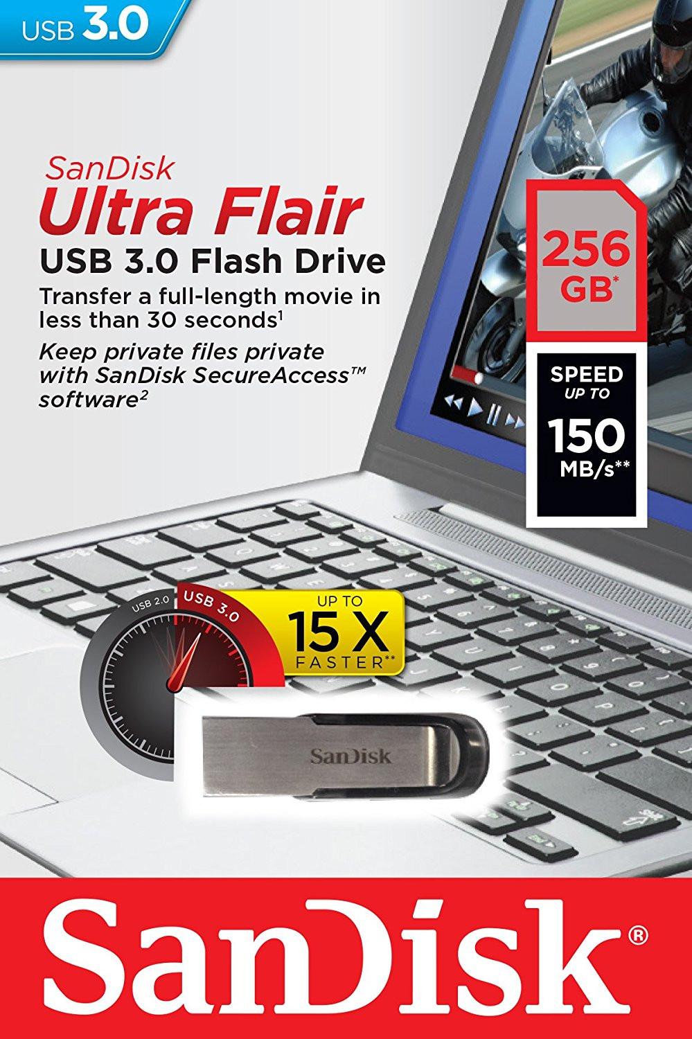 SANDISK 256GB CZ73 ULTRA FLAIR USB 3.0 FLASH DRIVE upto 150MB/s.