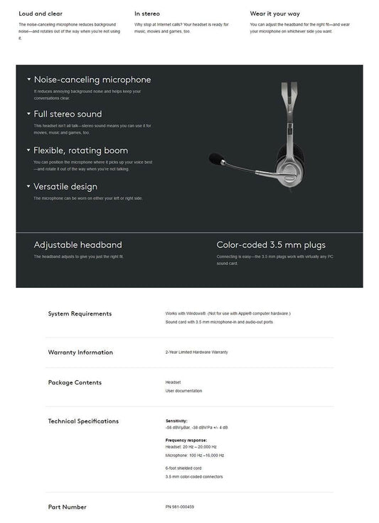 Logitech H110 Stereo Headset (981-000459).