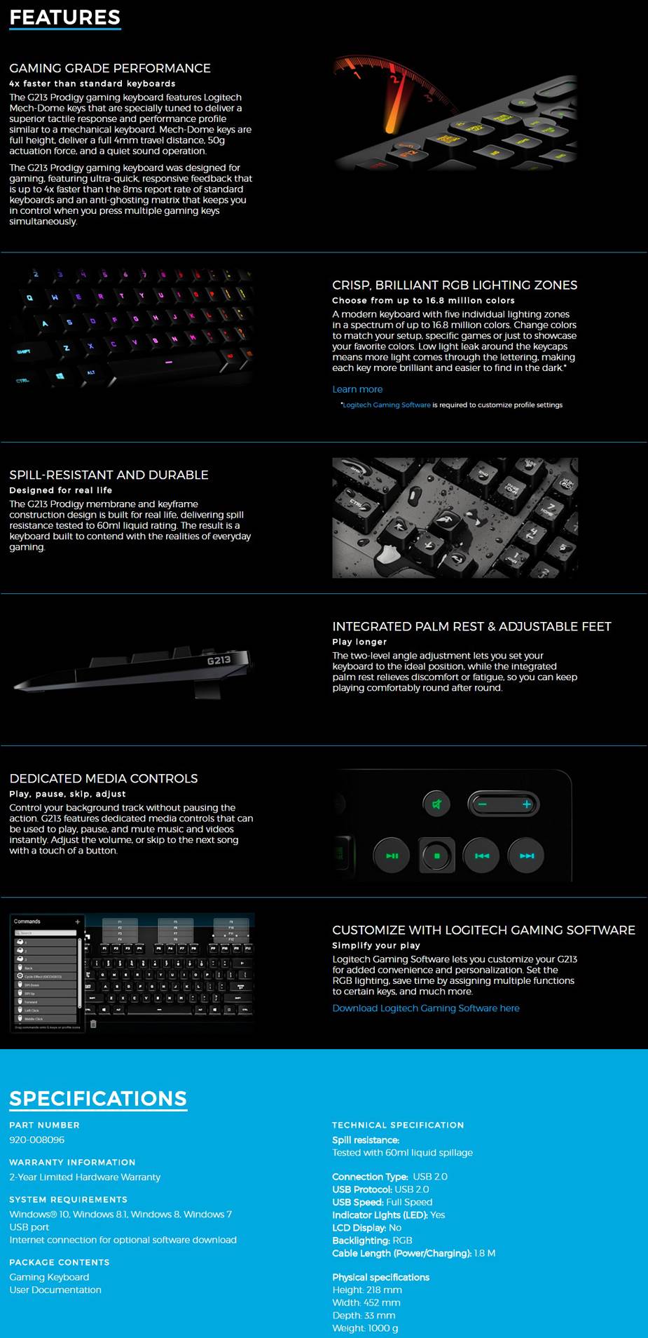 Logitech G213 Prodigy RGB Gaming Keyboard (920-008096).