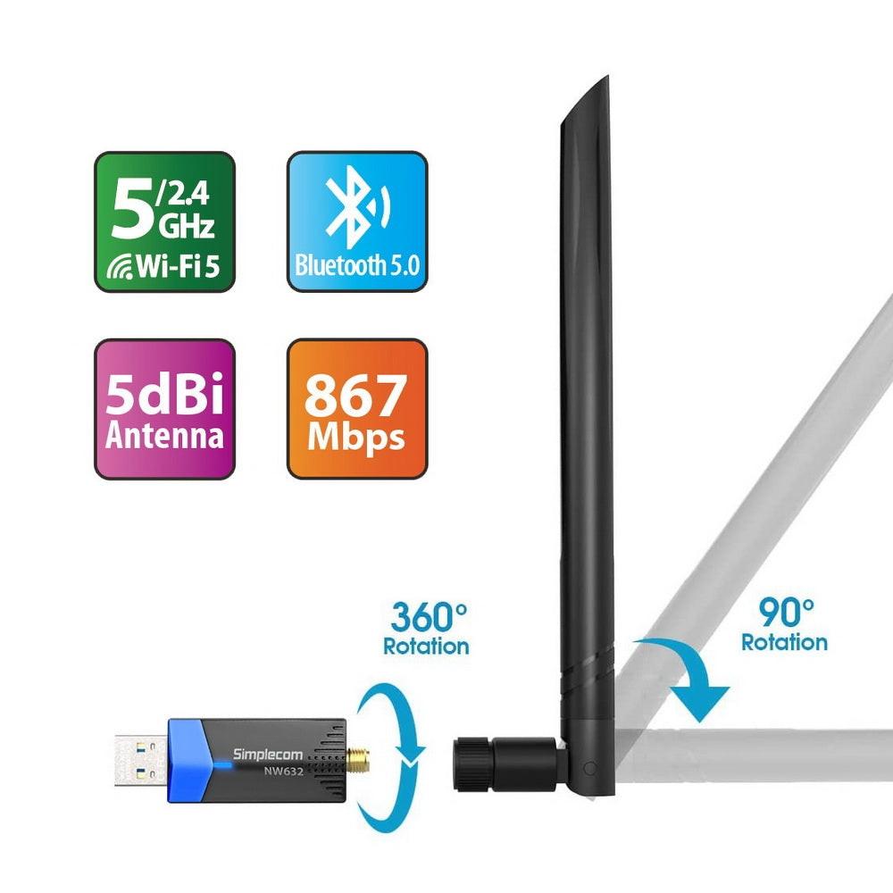 Simplecom NW632 Wi-Fi 5 Bluetooth 5.0 USB Adapter Dual Band AC1200.