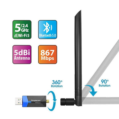 Simplecom NW632 Wi-Fi 5 Bluetooth 5.0 USB Adapter Dual Band AC1200.