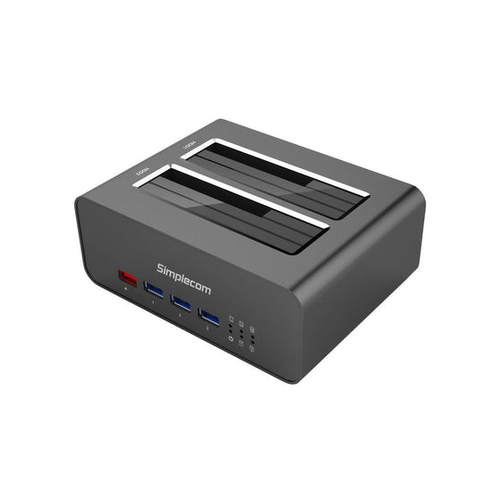 Simplecom SD352 USB 3.0 to Dual SATA Aluminium Docking Station with 3-Port Hub and 1 Port 2.1A USB Charger.