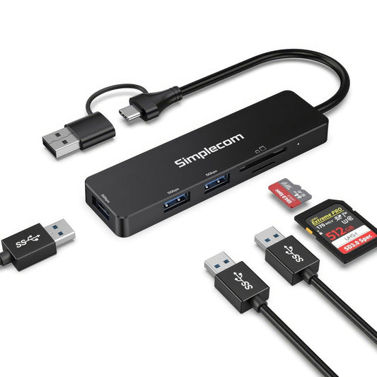 Simplecom CH365C SuperSpeed 3-Port USB Hub with SD MicroSD Card Reader USB-A and USB-C Dual Connector.