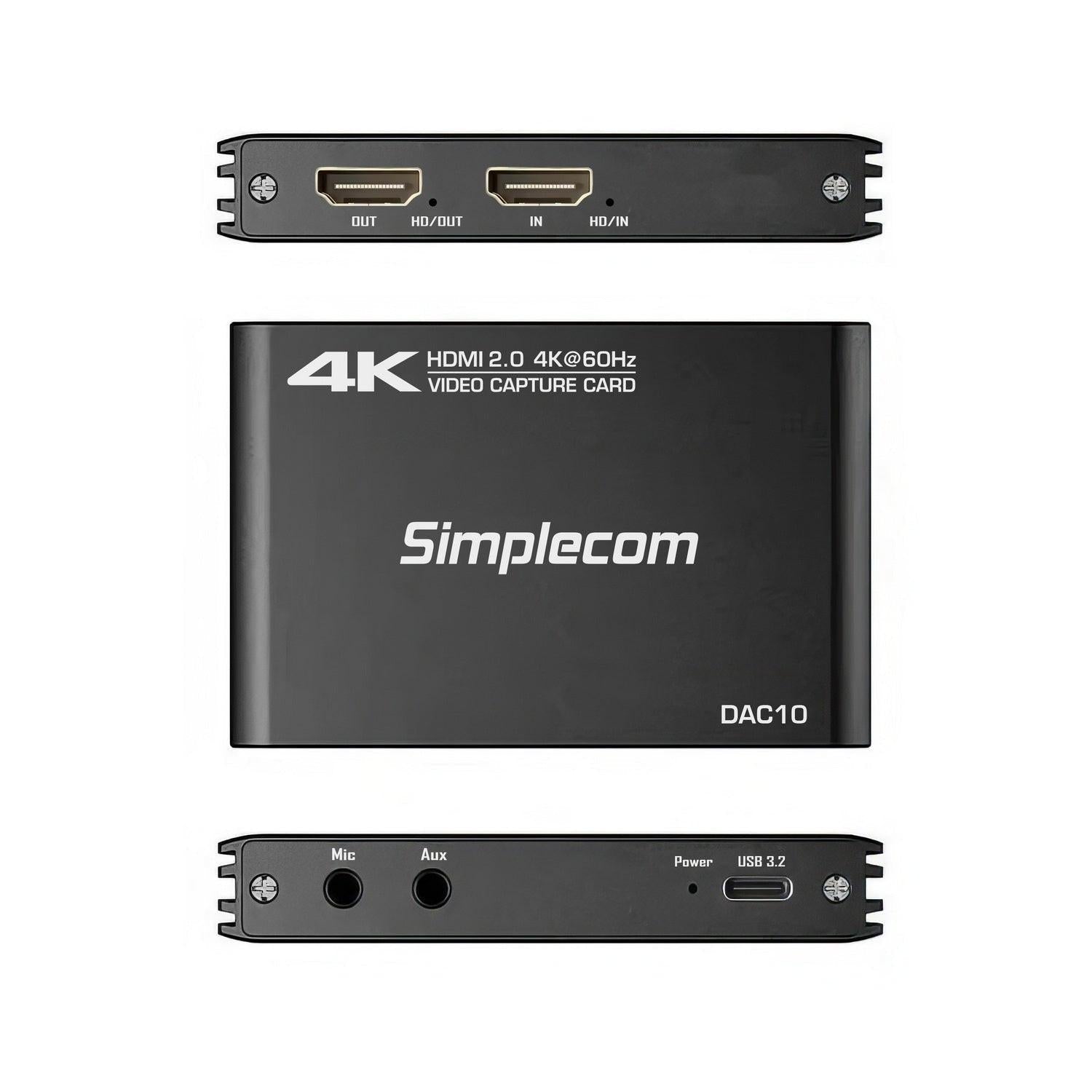 Simplecom DAC10 HDMI 2.0 to USB 4K@60hz Video Capture Card Stream and Record in 4K 60FPS.
