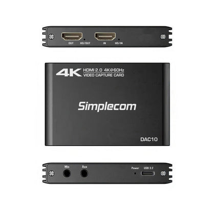 Simplecom DAC10 HDMI 2.0 to USB 4K@60hz Video Capture Card Stream and Record in 4K 60FPS.
