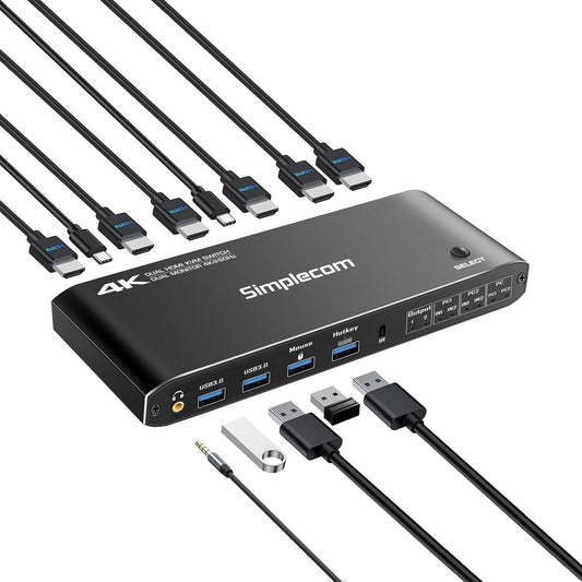 Simplecom KM430 Dual HDMI Monitor KVM Switch for 2 Computers with 4-Port USB Hub 4K@60Hz Keyboard Hotkey.