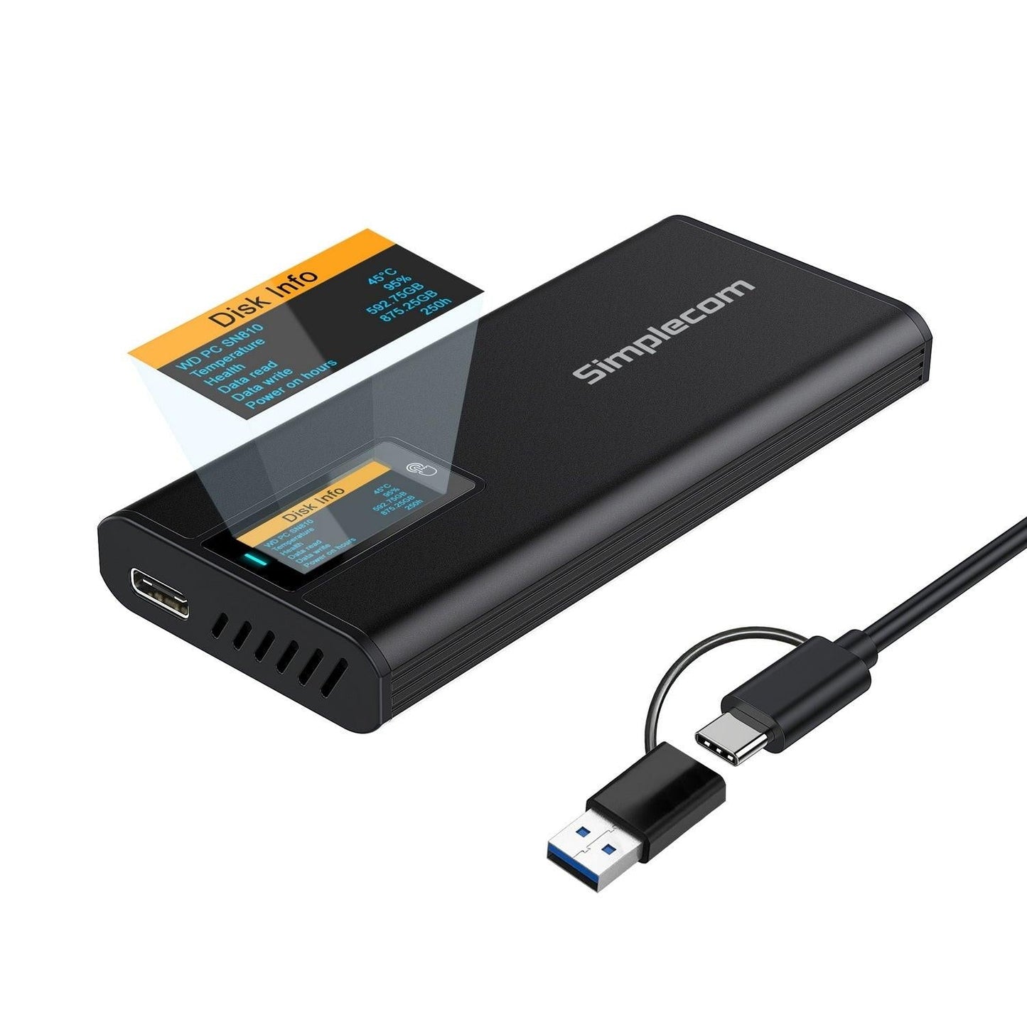 Simplecom SE530 NVMe / SATA M.2 SSD to USB-C Enclosure with SMART LED Screen USB 3.2 Gen 2 10Gbps.