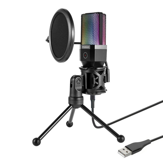 Simplecom UM650 USB Cardioid Condenser Microphone Gaming RGB Lights with Tripod & Pop Filter.