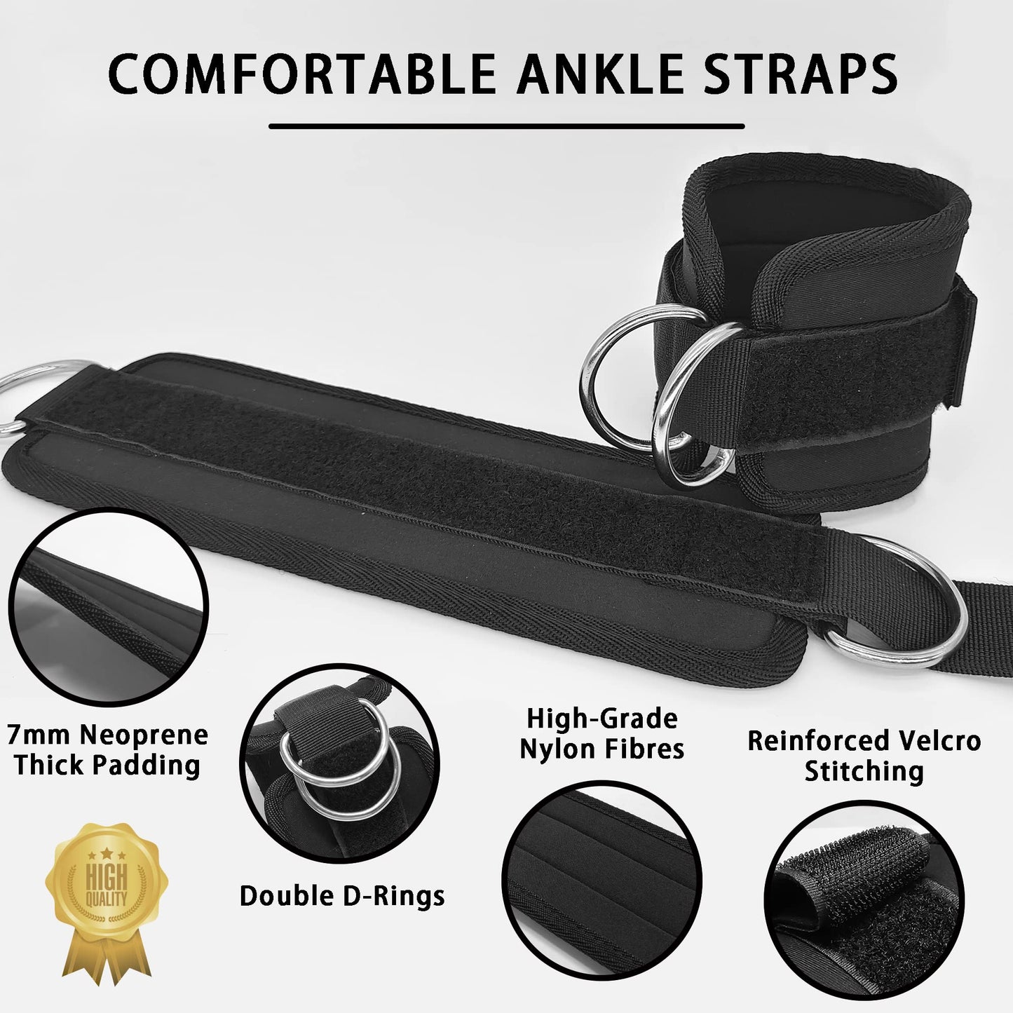 2x Adjustable Ankle Straps for Cable Machines D-Rings Gym Cuff Kickbacks Glute Workouts Leg Extensions Straps Hip Black.
