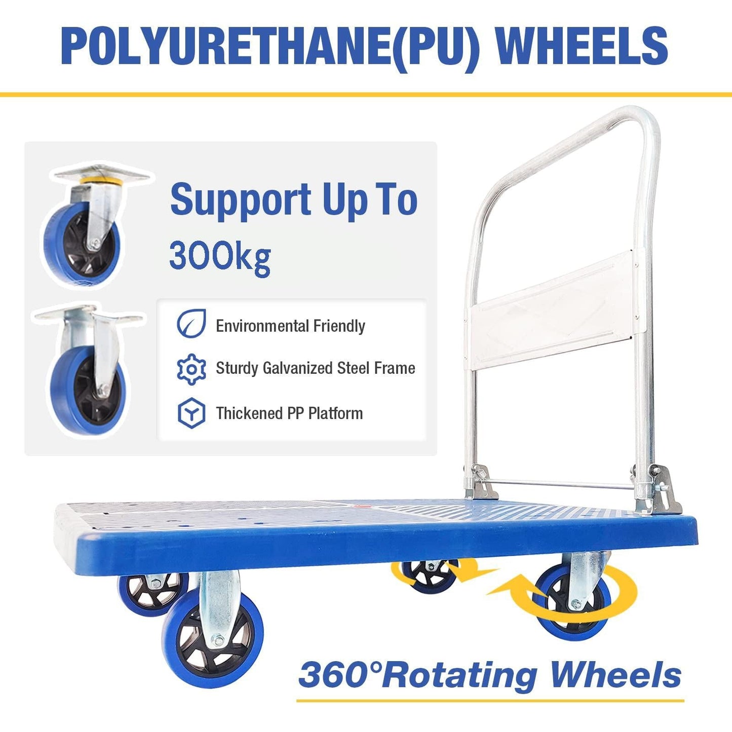300kg Foldable Warehouse Platform Trolley Truck Dolly Platform Cart Swivel Wheels Moving Cart Flatbed.
