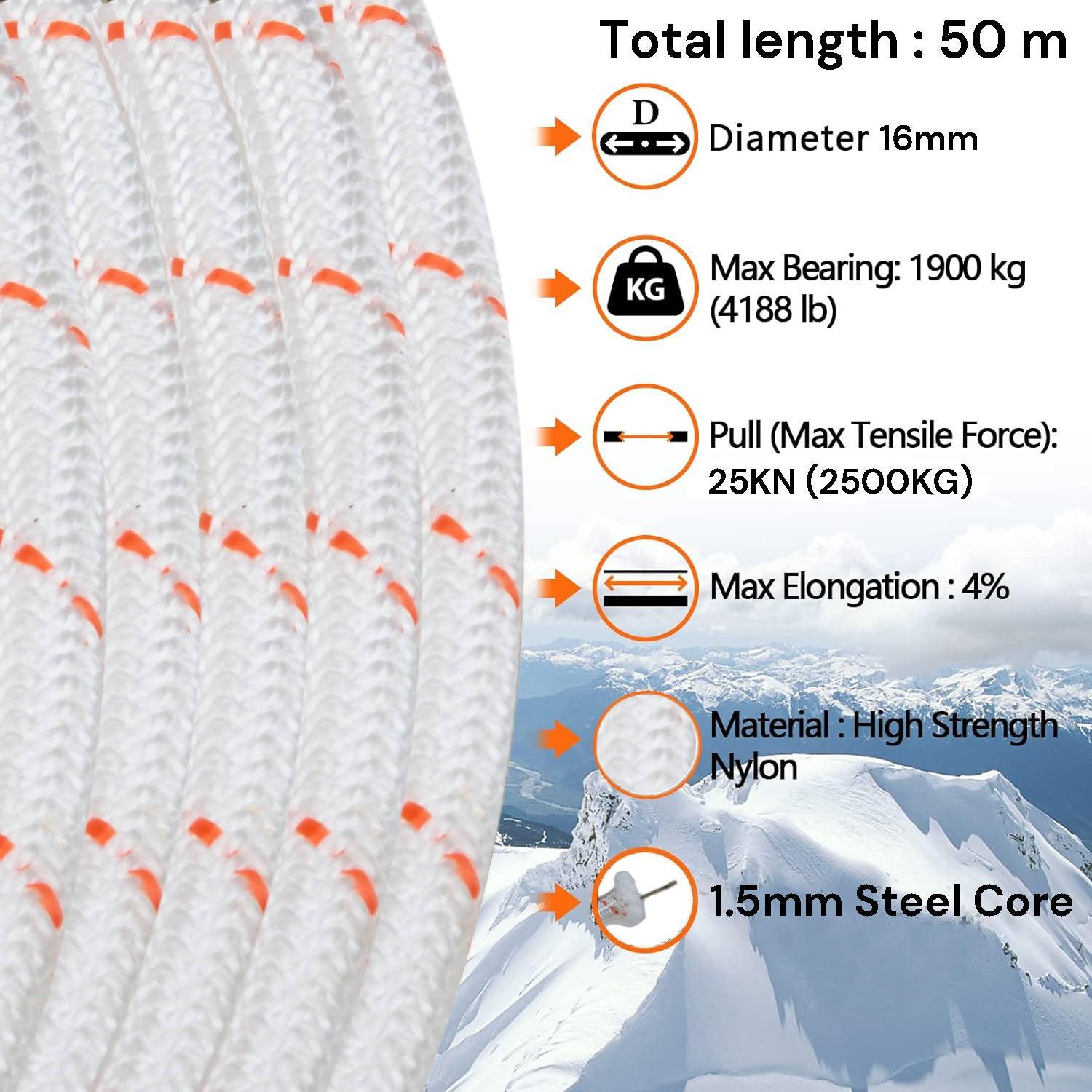 16mm 50m Safety Climbing Rope Nylon Rock Static Outdoor Boat Anchor Marine Rope Dock Lines Rope.