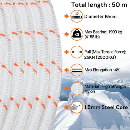 16mm 50m Safety Climbing Rope Nylon Rock Static Outdoor Boat Anchor Marine Rope Dock Lines Rope.