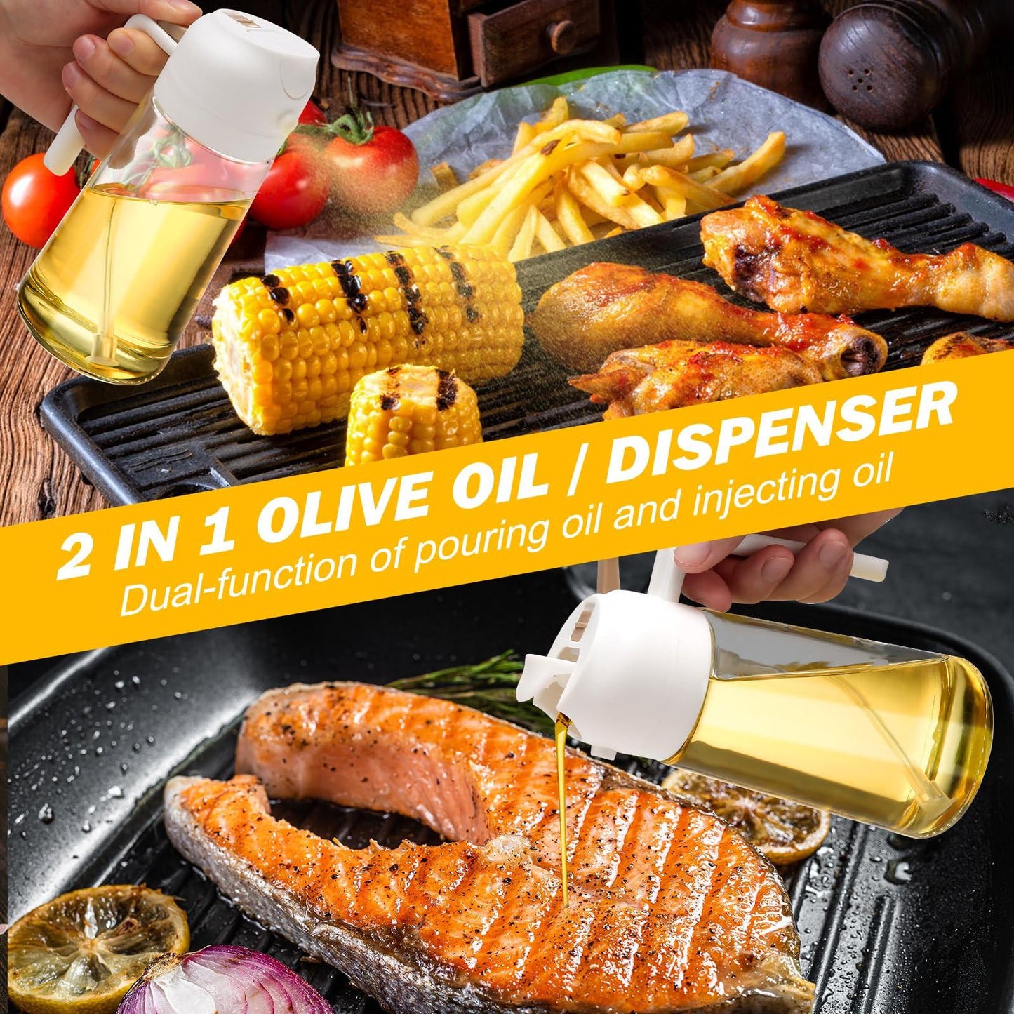 600ml 2 in 1 Glass Oil Sprayer Dispenser Kitchen Sprayz Cooking Baking Oil Bottle BBQ Spray White.