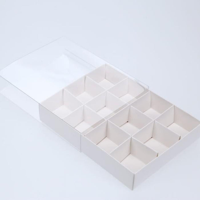 100 Pack of White Card Chocolate Sweet Soap Product Retail Gift Box - 12 bay 4x4x3cm Compartments  - Clear Slide On Lid - 16x12x3cm Hover Image