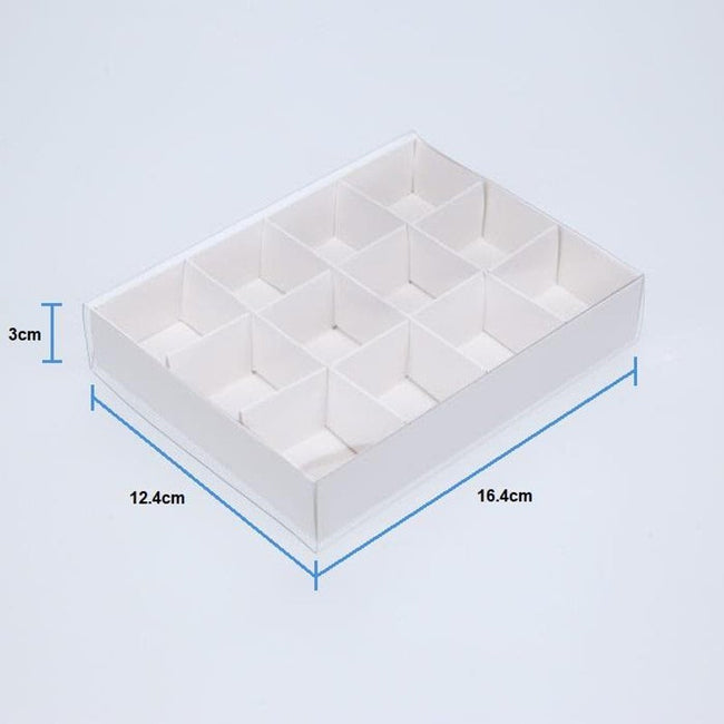 100 Pack of White Card Chocolate Sweet Soap Product Retail Gift Box - 12 bay 4x4x3cm Compartments  - Clear Slide On Lid - 16x12x3cm Main Image