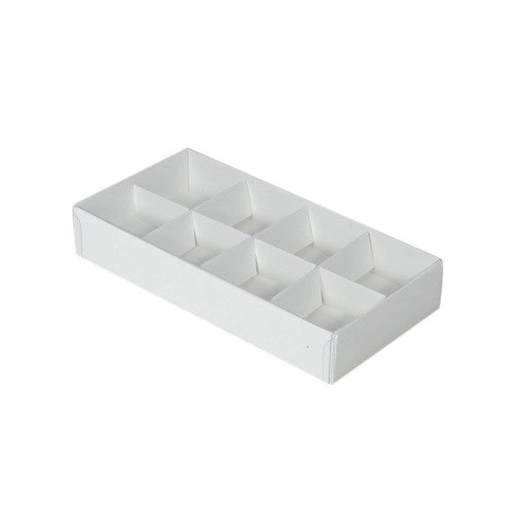 100 Pack of White Card Chocolate Sweet Soap Product Retail Gift Box - 8 bay 3cm Compartments - Clear Slide On Lid - 16x8x3cm Hover Image