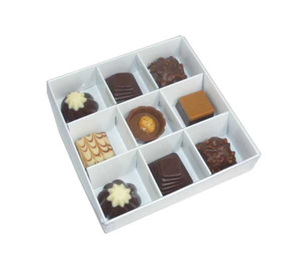 100 Pack of White Card Chocolate Sweet Soap Product Retail Gift Box - 9 bay 4x4x3cm Compartments  - Clear Slide On Lid - 12x12x3cm Hover Image