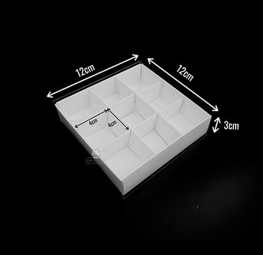 100 Pack of White Card Chocolate Sweet Soap Product Retail Gift Box - 9 bay 4x4x3cm Compartments  - Clear Slide On Lid - 12x12x3cm Main Image