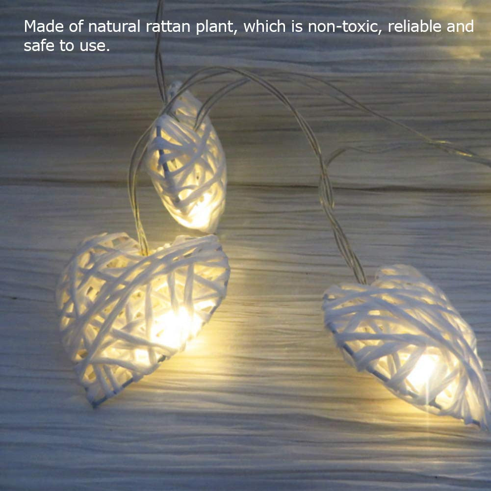 20 White 3D Hollowed Rattan Heart-Shaped 3M String Fairy Lights, Battery (AA) Indoor & Outdoor Decorations Wedding Valentines Romantic Room Table Lighting