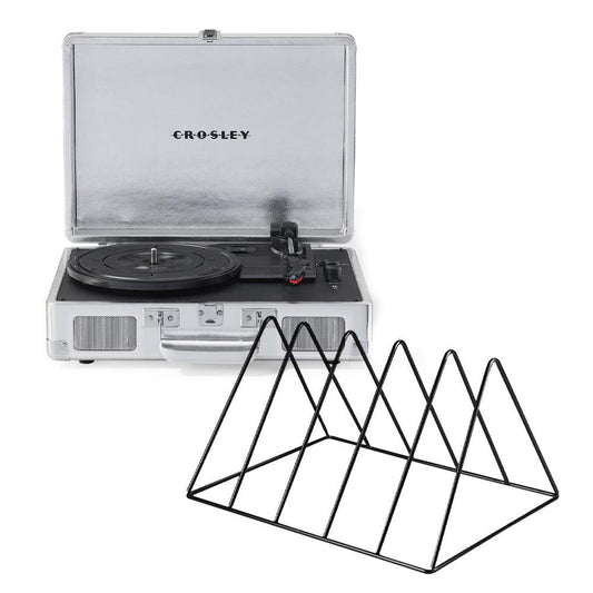 Crosley Cruiser Bluetooth Portable Turntable - Silver + Gadhouse Vinyl Rack Bundle - Black.