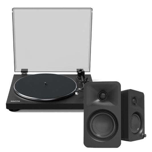 Kanto OBI3 Turntable - Matte Black with Kanto ORA 100W Powered Speakers - Black Bundle.