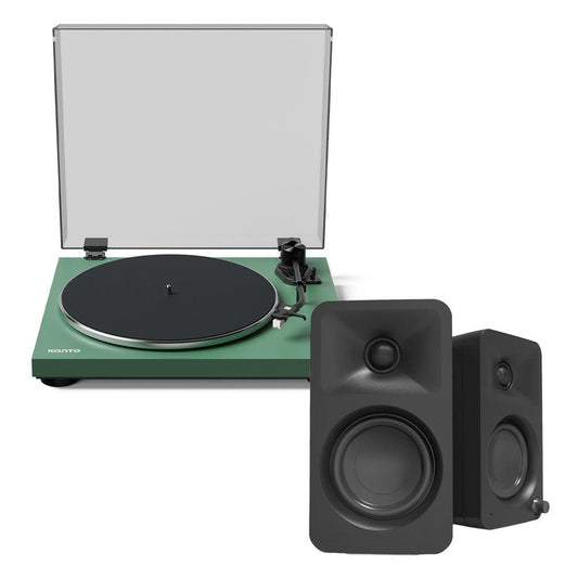 Kanto OBI3 Turntable - Matte Green with Kanto ORA 100W Powered Speakers - Black Bundle.