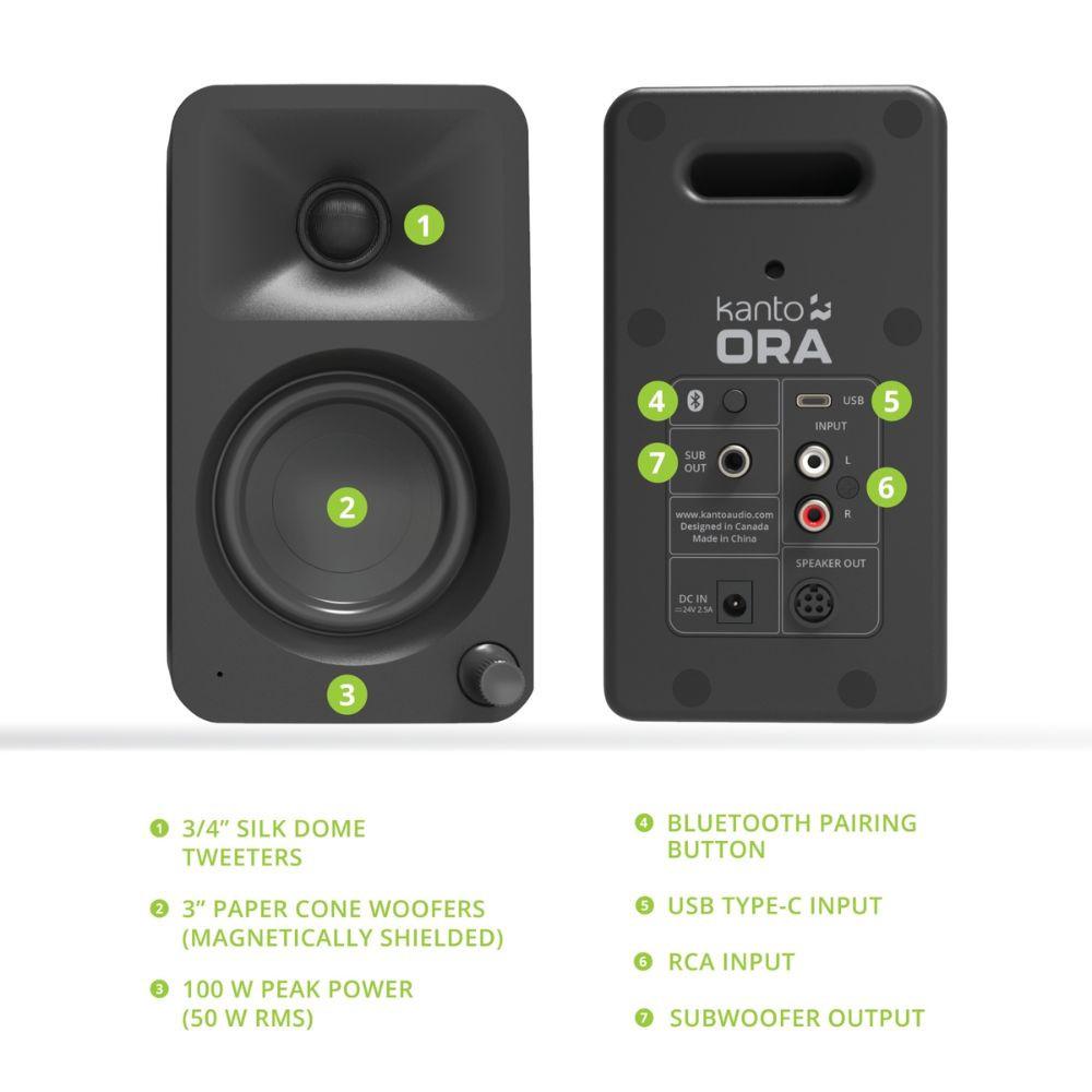 Kanto ORA 100W Powered Reference Desktop Computer Speakers with Bluetooth 5.0 Black.