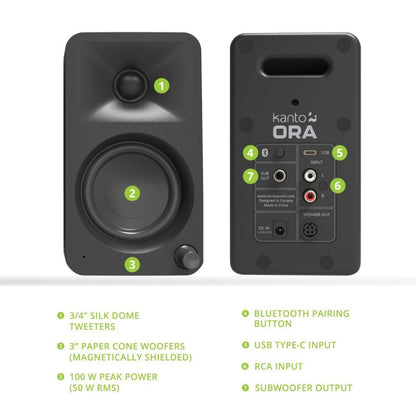 Kanto ORA 100W Powered Reference Desktop Computer Speakers with Bluetooth 5.0 Black.