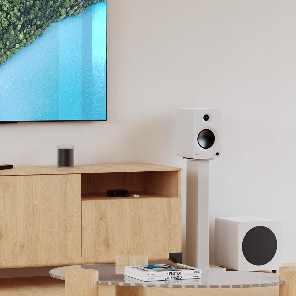 Kanto REN 200W Powered Bookshelf Speakers with HDMI ARC, USB-C, and Bluetooth 5.3 - Matte White, Pair.