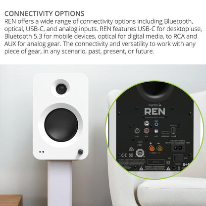Kanto REN 200W Powered Bookshelf Speakers with HDMI ARC, USB-C, and Bluetooth 5.3 - Matte White, Pair.