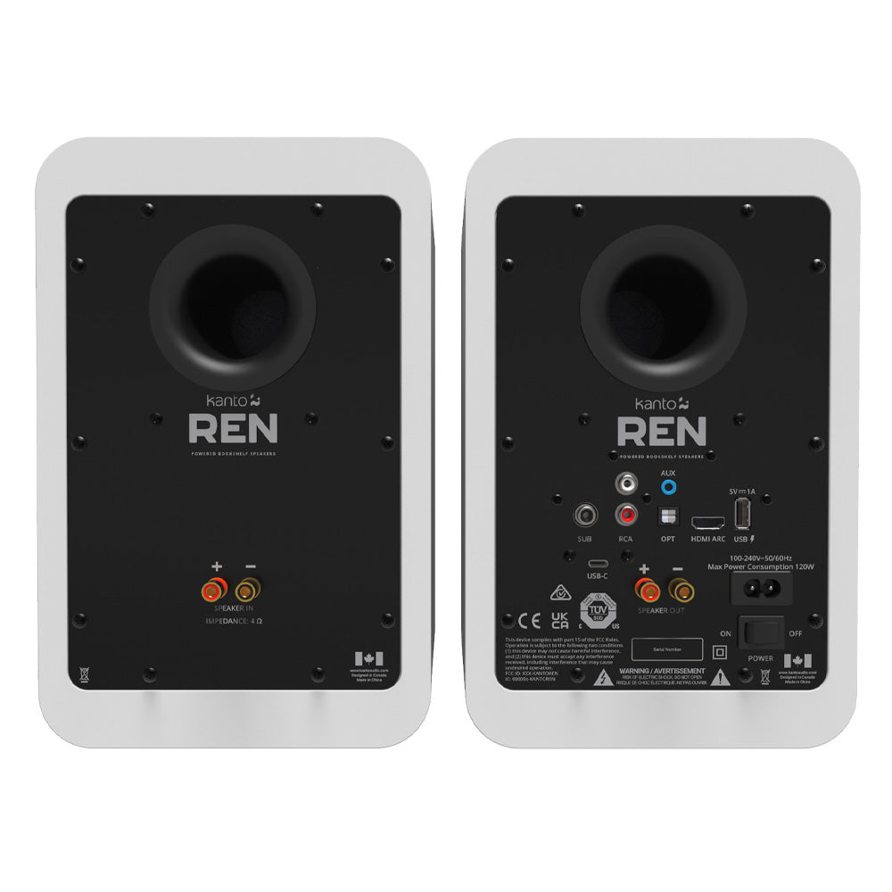 Kanto REN 200W Powered Bookshelf Speakers with HDMI ARC, USB-C, and Bluetooth 5.3 - Matte White, Pair.
