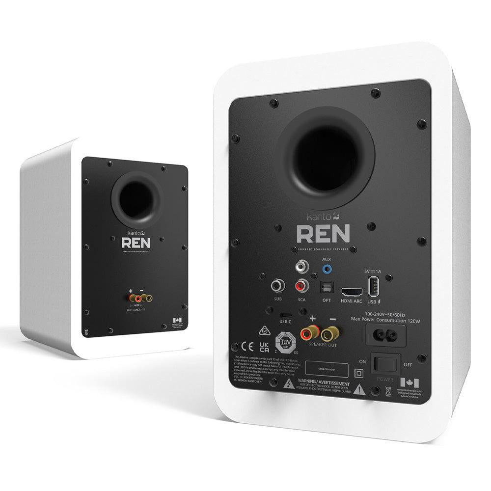 Kanto REN 200W Powered Bookshelf Speakers with HDMI ARC, USB-C, and Bluetooth 5.3 - Matte White, Pair.