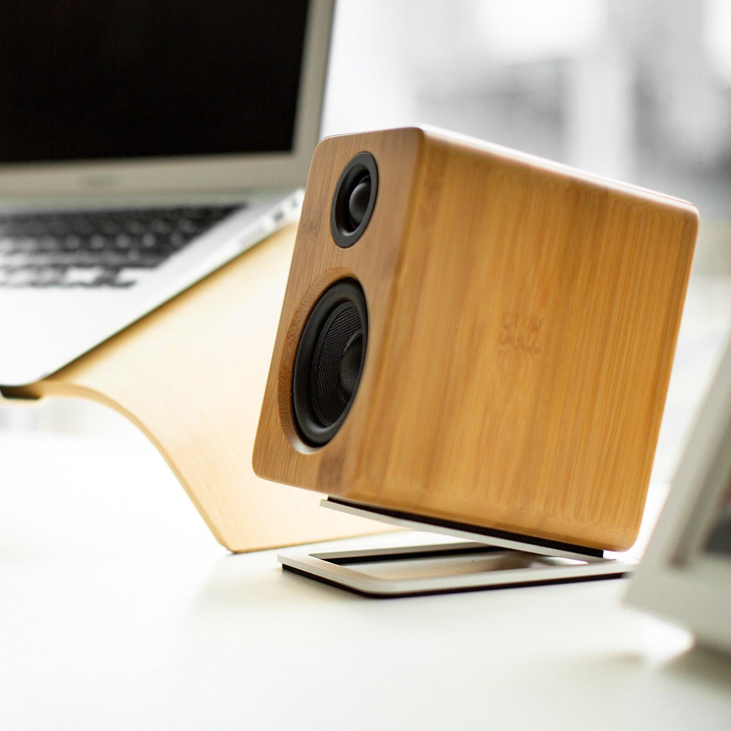 Kanto S2W Angled Desktop Speaker Stands for Small Speakers - Pair, White.