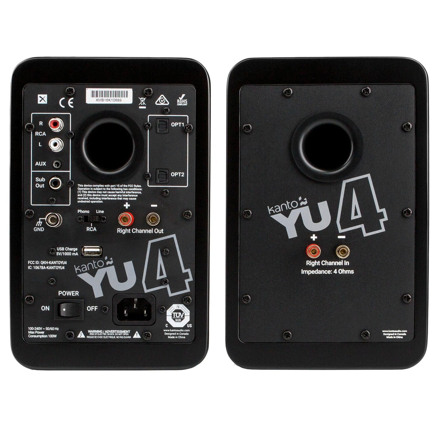 Kanto YU4 140W Powered Bookshelf Speakers with Bluetooth and Phono Preamp - Pair, Matte Black.