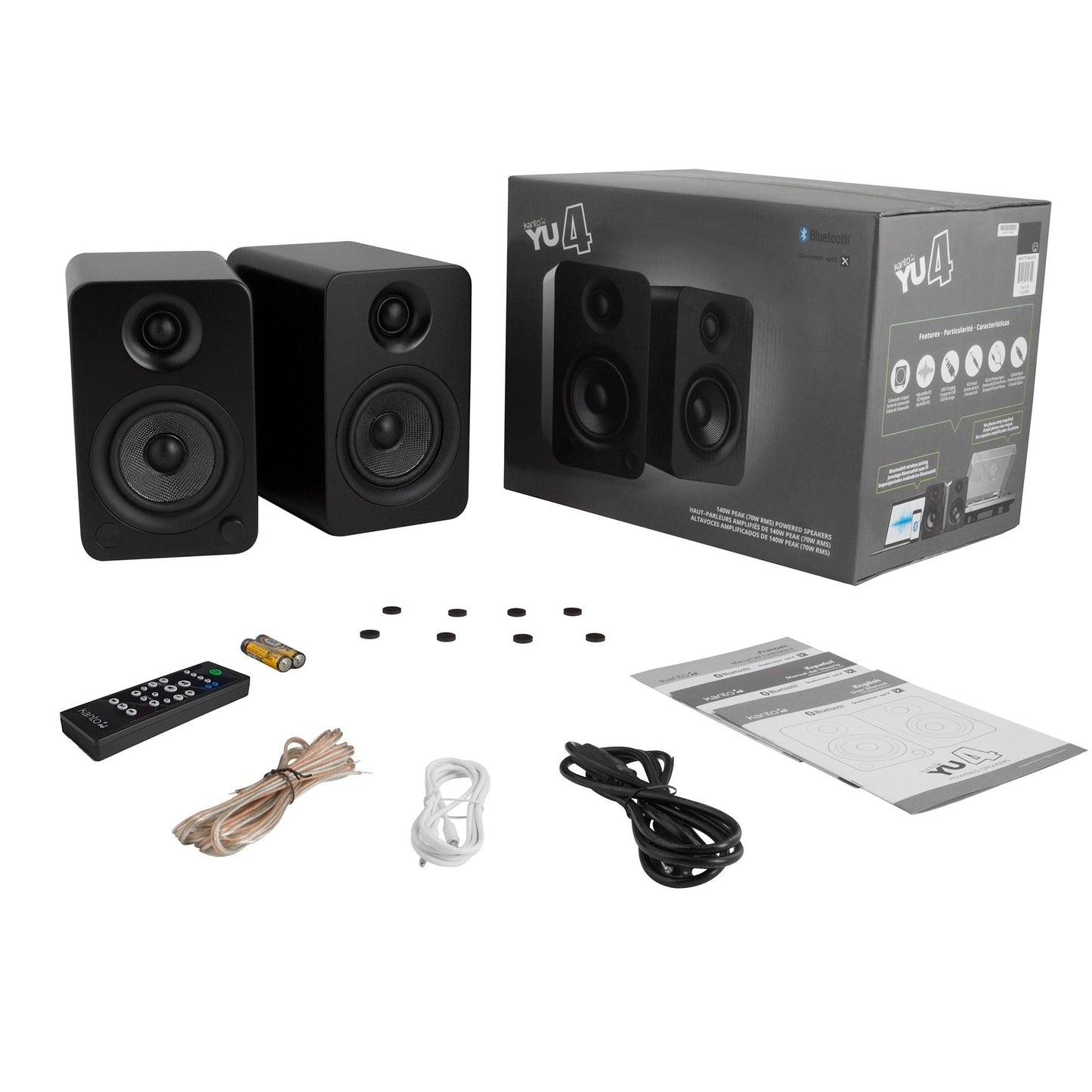 Kanto YU4 140W Powered Bookshelf Speakers with Bluetooth and Phono Preamp - Pair, Matte Black.