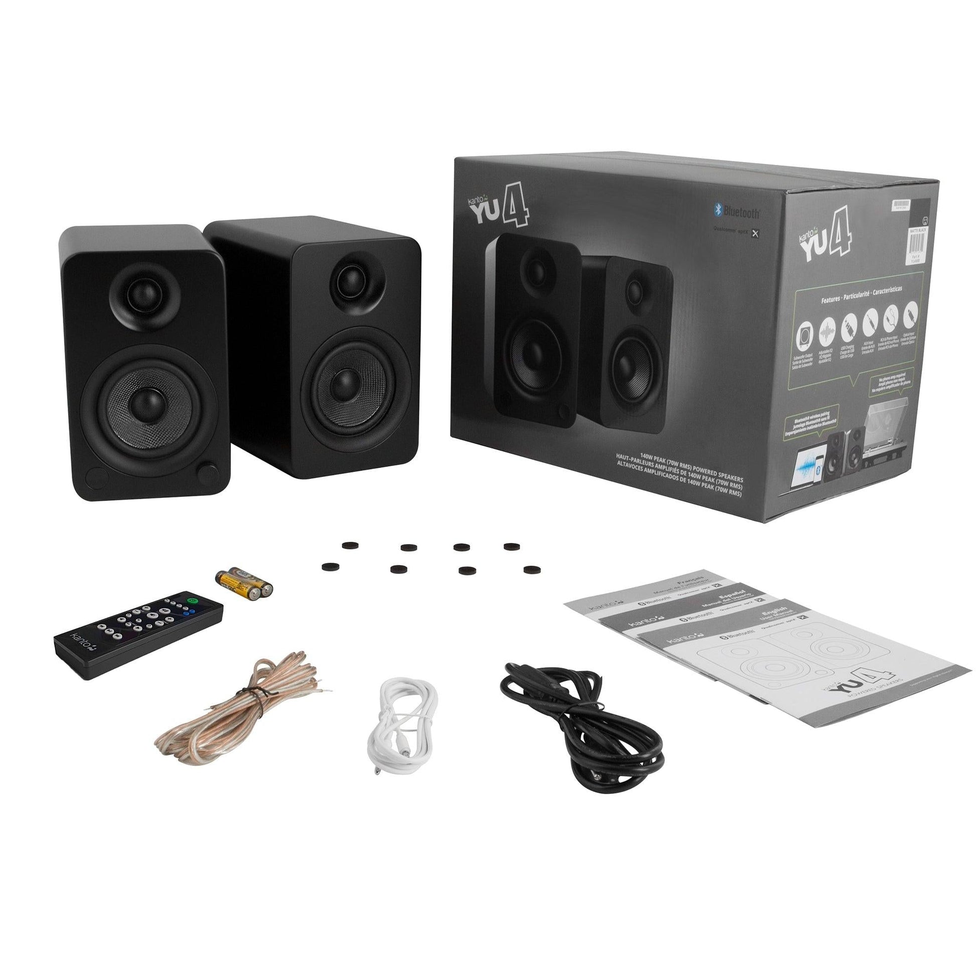 Kanto YU4 140W Powered Bookshelf Speakers with Bluetooth and Phono Preamp - Pair, Matte Black.