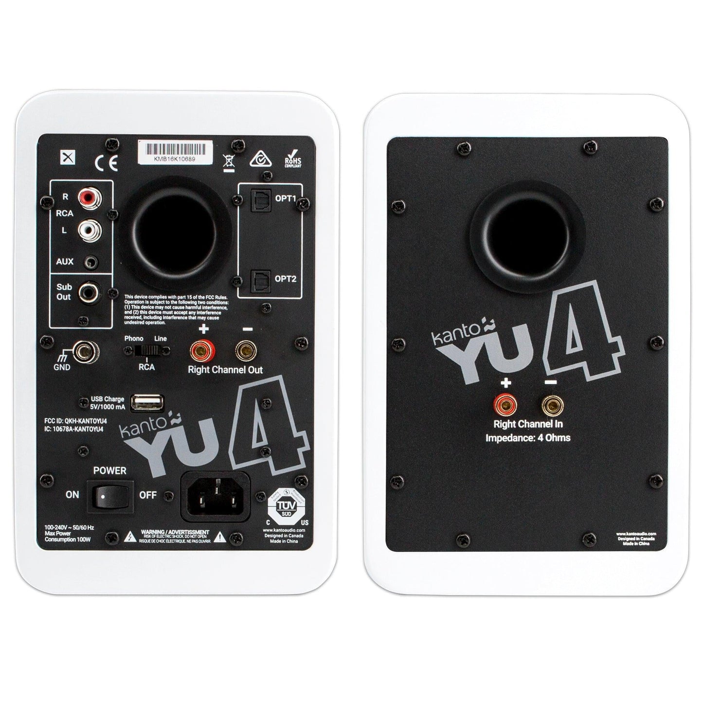 Kanto YU4 140W Powered Bookshelf Speakers with Bluetooth and Phono Preamp - Pair, Matte White.