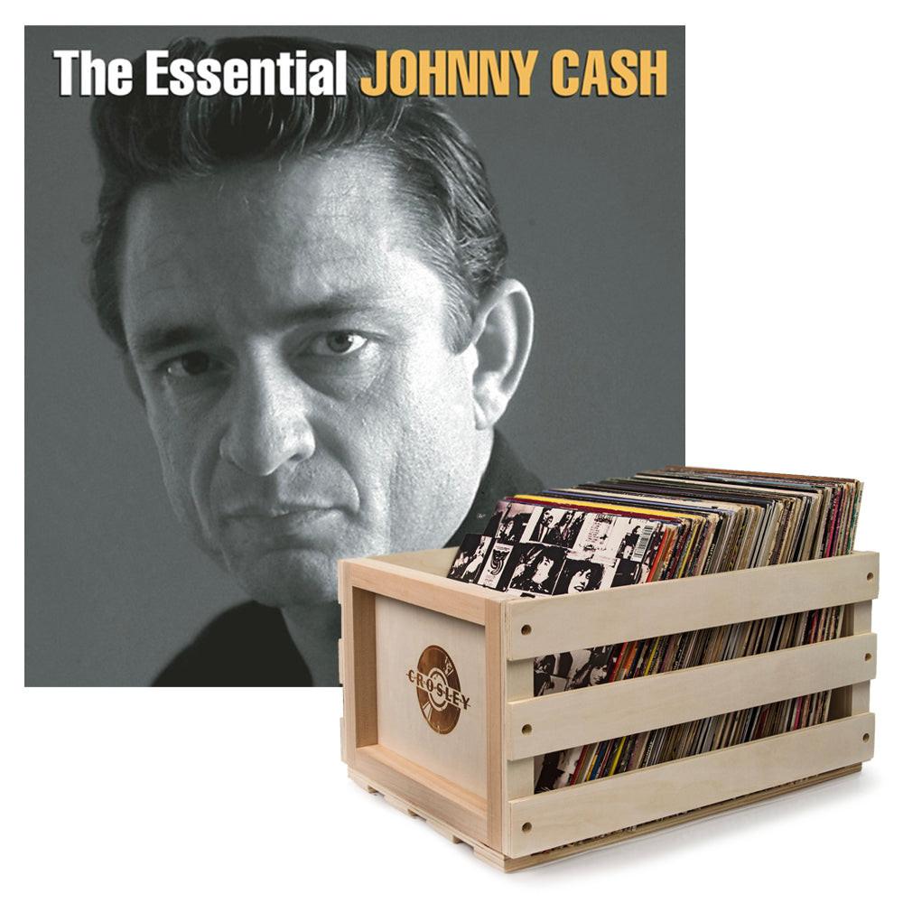 Crosley Record Storage Crate Johnny Cash The Essential Johnny Cash Vinyl Album Bundle.