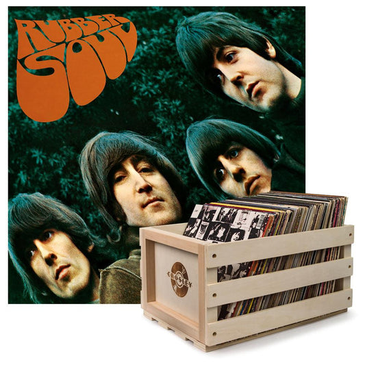Crosley Record Storage Crate & The Beatles Rubber Soul - Vinyl Album Bundle.