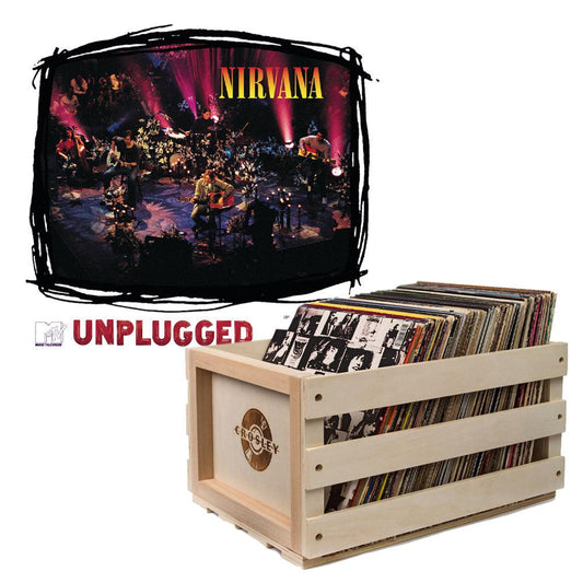 Crosley Record Storage Crate & Nirvana MTV Unplugged Vinyl Album Bundle.
