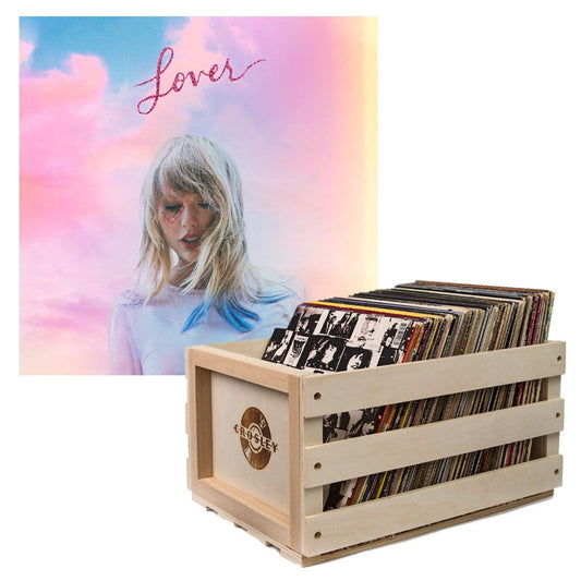 Crosley Record Storage Crate & Taylor Swift Lover 2P Vinyl Album Bundle.