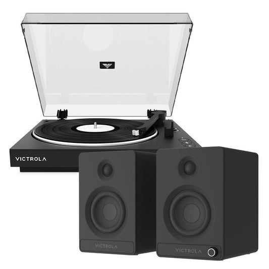Victrola Automatic Turntable + Victrola Tempo Bookshelf Speakers Bundle - Black.