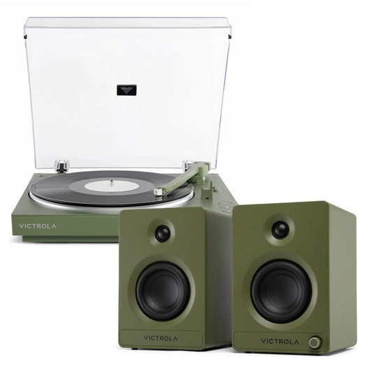Victrola Automatic Turntable + Victrola Tempo Bookshelf Speakers Bundle - Green.