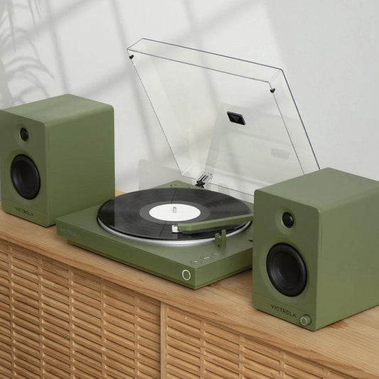 Victrola Automatic Turntable + Victrola Tempo Bookshelf Speakers Bundle - Green.