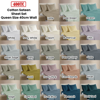 400TC 100% Cotton Sateen Premium Sheet Set 40cm Wall White Queen