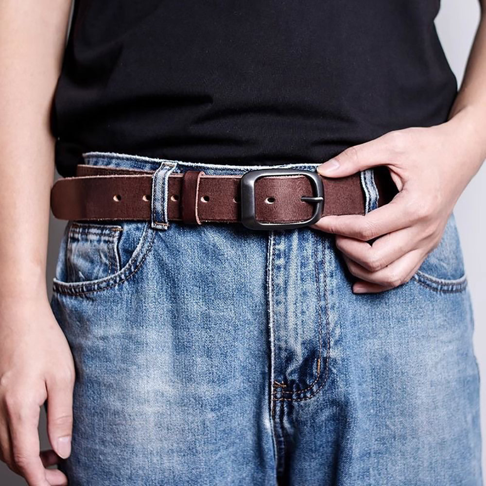 Men's Genuine Leather Belt Vintage Cowhide Pin Buckle 125cm Adjustable Length