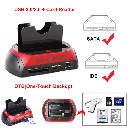 All In One Docking Station USB Dual-Bay Hard Drive 2.5" 3.5" IDE SATA SSD Card Reader.